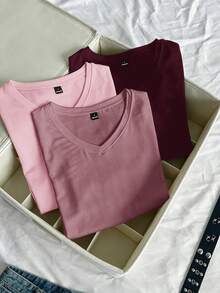 SHEIN EZwear 3件組女款夏季V領修身T恤，龐克次文化動漫風素色基礎V領短袖修身T恤 - 彩色 - 查看 7