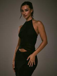 MUSERA Black Mesh Halterneck Backless Top Fall Autumn Winter Going Out Evening Sexy - Black - View 3