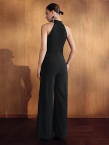MOTF PREMIUM WOMEN'S AUTUMN/WINTER HALTER NECK EMBROIDERED HIGH WAIST FITTED JUMPSUIT - Black - View 7