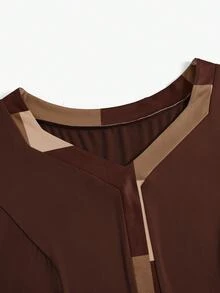 SHEIN 大尺碼格紋拼接荷葉邊上衣與裙子2件套，休閒款，適合秋冬與夏季 - 咖啡棕 - 查看 4