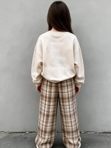 Set Sweatshirt Motif Kotak-kotak dengan Pita, Cocok untuk Dipakai di Musim Gugur/Musim Dingin, Gaya Kasual Minimalis yang Nyaman untuk Sehari-hari - MultiWarna - View 2