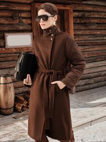 Anewsta Winter Coffee-Colored Wool Blend Patchwork Padded Long Coat With Stand Collar - Coffee Brown - View 4