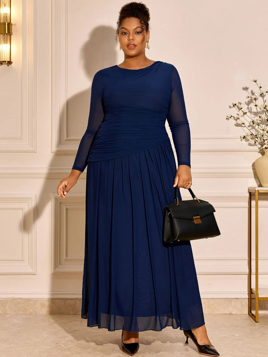 BrightlyHer Plus Size Blue Pleated Mesh Patchwork Ruffle Trim Stand ...