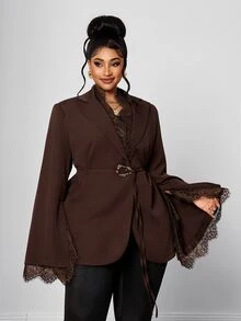 Maweii Plus Size Women's Lace Patchwork Metal Decor Commute Travel Long Sleeve Blazer - Brown - View 5