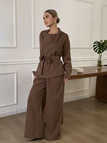 Livesso Women's Solid Color Knot Waist Long Sleeve Top And Pants Casual Daily 2 Pieces Set - Coffee Brown - View 5
