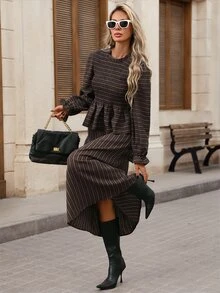 SHEIN VCAY Plus Size Women Striped Pleated Long Sleeve Top And Skirt Casual 2 Pieces Set - Brown - View 4