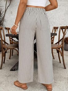 SHEIN VCAY Low Waist Striped Plus Size Women Casual Loose Wide Leg Pants - Multicolor - View 2