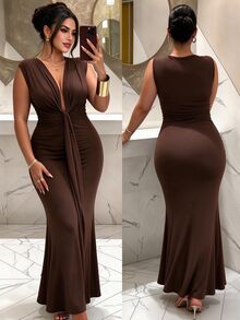 Cravure Elegant Plus Size Sleeveless Mermaid Dress, Deep V Knot Front Formal Party Maxi Gown - Coffee Brown - View 6