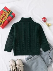 Boys' High Neck Sweater, Autumn/Winter, Vintage Dark Green Cable Knit Thick Sweater. Classic Cable Knit Pattern, Strong Texture, Vintage And Timeless. High Neck Design, Suitable For Layering/Wearing Alone In Autumn/Winter. - Dark Green - View 2