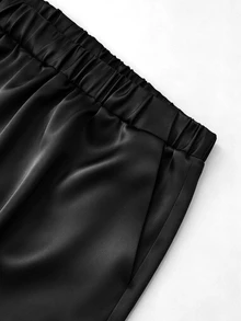 Linhara CURVE Women's Fashion Casual Long Sleeve Lapel Contrast Color Frog Button Satin Blouse And Elastic Waist Wide Leg Pants 2 Pieces Set, Suitable For Daily Commute And Outing Wear - Black - View 6