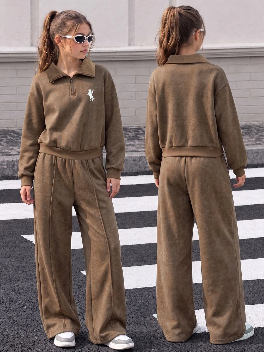 SHEIN 青少年女孩 2 件套套裝:保暖抓絨內裡半拉鍊運動衫與寬鬆寬腿運動長褲,休閒秋冬運動風運動服套裝 - 棕色 - 查看 1