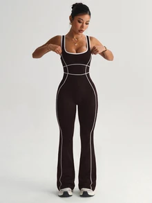 SHEIN Sports 女款瑜伽戶外健身連身褲，寬肩帶緊身顯瘦喇叭褲，對比色條紋設計 - 棕色 - 查看 6