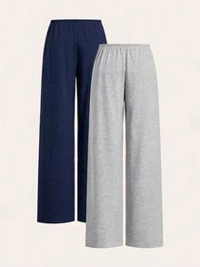 SHEIN EZwear 2色女款抽繩腰寬鬆休閒基礎寬腿居家舒適長褲，秋季女裝，巧克力棕、灰色 - 藏蓝色 - 查看 2