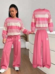 SHEIN 青少年女孩條紋圓領長袖運動衫與運動長褲休閒套裝 - 粉色 - 查看 2
