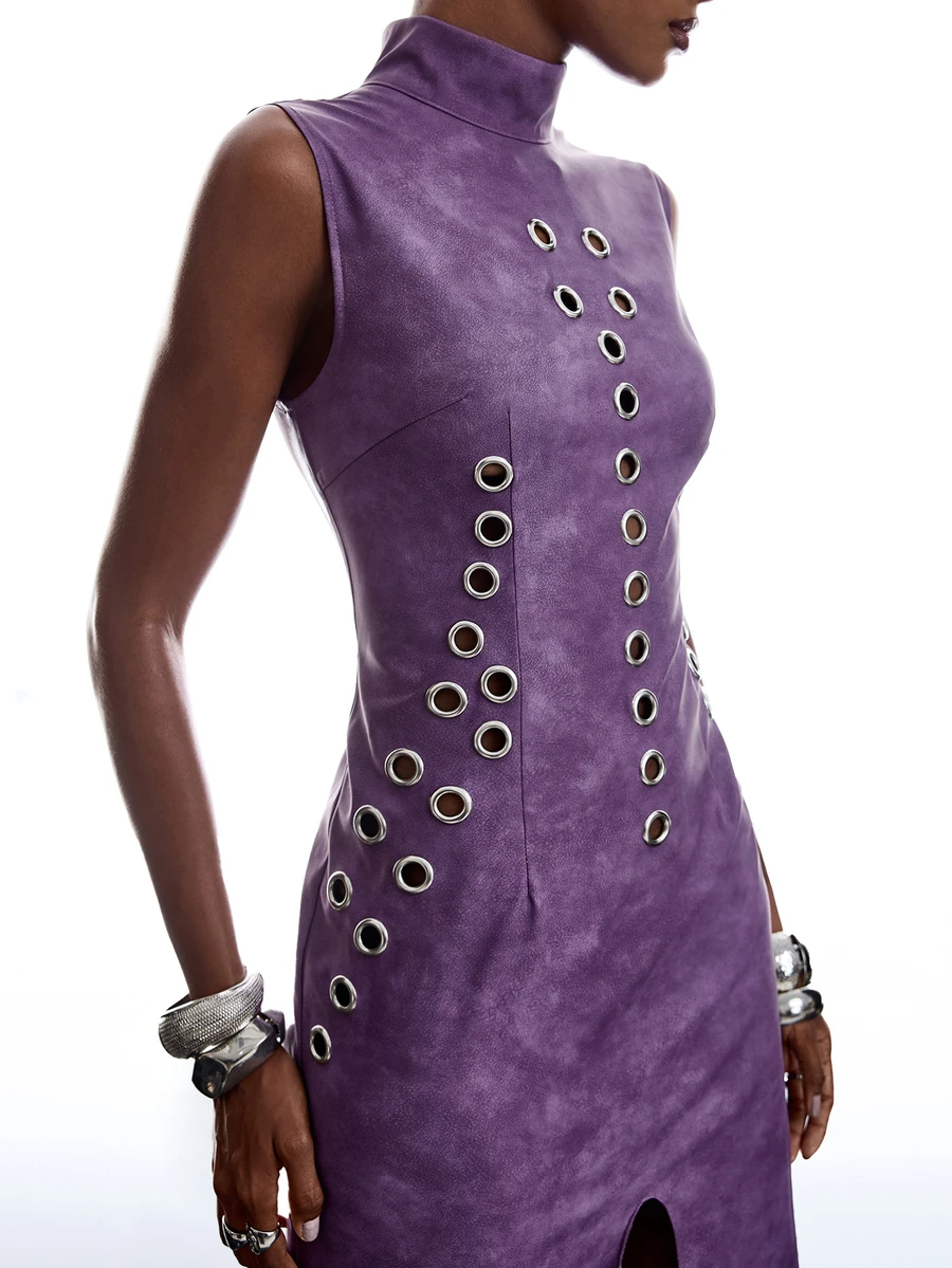 LYSMO Gaun Panjang Wanita Tanpa Lengan dengan Desain Eyelet dan Belahan di Bagian Bawah, Kerah Tegak - Purple - View 1
