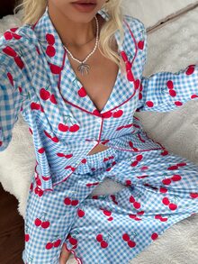 SHEIN 甜美韓系格紋櫻桃印花女款睡衣家居服 長袖長褲套裝 - 藍色 - 查看 4