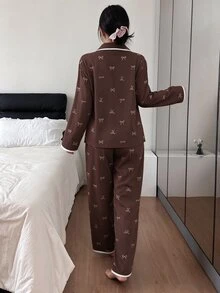 SHEIN 女款新款休閒可愛蕾絲飾邊長袖上衣與長褲睡衣套裝，秋冬服飾 - 咖啡棕 - 查看 3