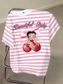 Betty Boop x SHEIN Plus Size Women's Striped Letter Cartoon Print Casual Daily Short Sleeve T-Shirt - White - View 1
