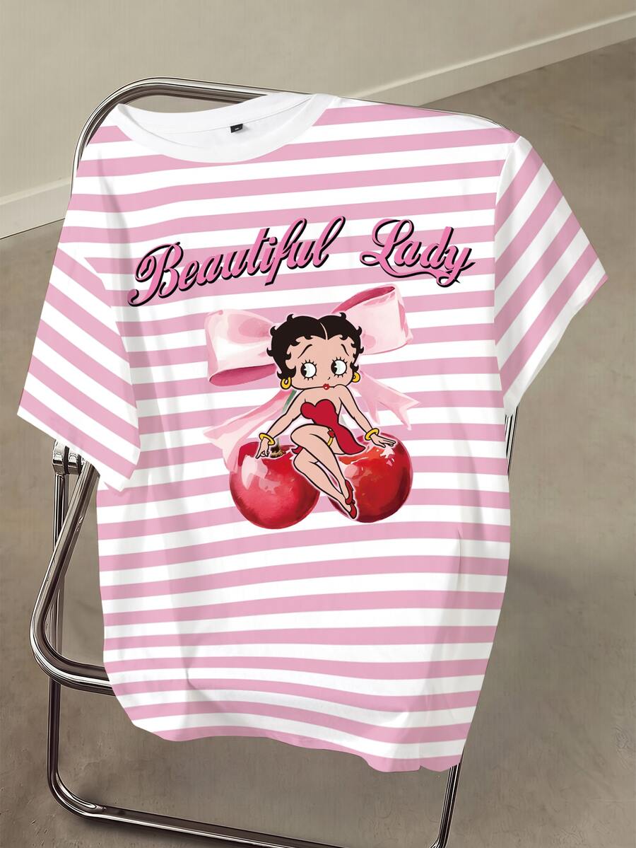 Betty Boop x SHEIN Plus Size Women's Striped Letter Cartoon Print Casual Daily Short Sleeve T-Shirt - White - View 1