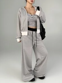 DAZY Women's Striped Colorblock Camisole Top And Long Pants Sports Set - Black and White - View 4