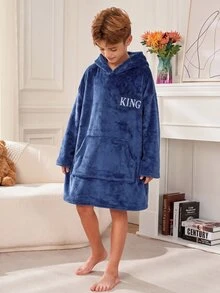 SHEIN 青少年男孩秋冬款精緻Logo圖案 KING Little King 標誌圖案連帽長袖袋鼠口袋抓絨長款睡褲 - 彩色 - 查看 4