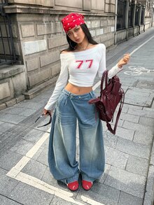 StreetHx Light Blue Washed Asymmetrical Waist Deconstructed Wide Leg Denim Jeans With Side Cargo Pockets, Streetwear Asymmetrical Floor-Length Pants - Light Wash - View 6