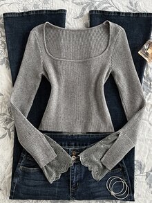 Elamini Women's Grey Casual Versatile Contrast Lace Sweet Daily Commute Autumn/Winter Fitted Pullover Sweater - Grey - View 1