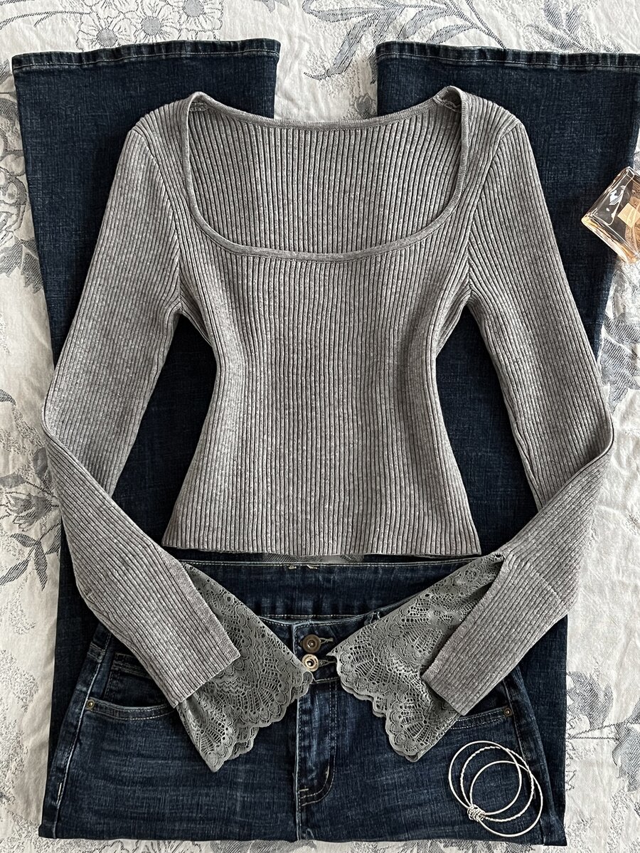 Elamini Women's Grey Casual Versatile Contrast Lace Sweet Daily Commute Autumn/Winter Fitted Pullover Sweater - Grey - View 1