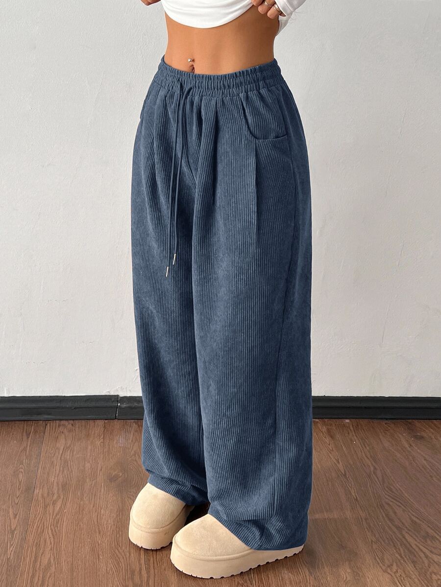SHEIN PETITE 女款秋冬街頭時尚休閒復古燈芯絨紋理寬鬆長褲,小個女款上班通勤咖啡棕色 - 水鴨藍 - 查看 1