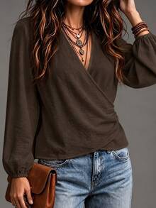 Linhara Women's Plus Size Casual Comfortable V-Neck Long Sleeve Slim Fit Flattering Versatile Pullover Shirt, Autumn Fall - Coffee Brown - View 3