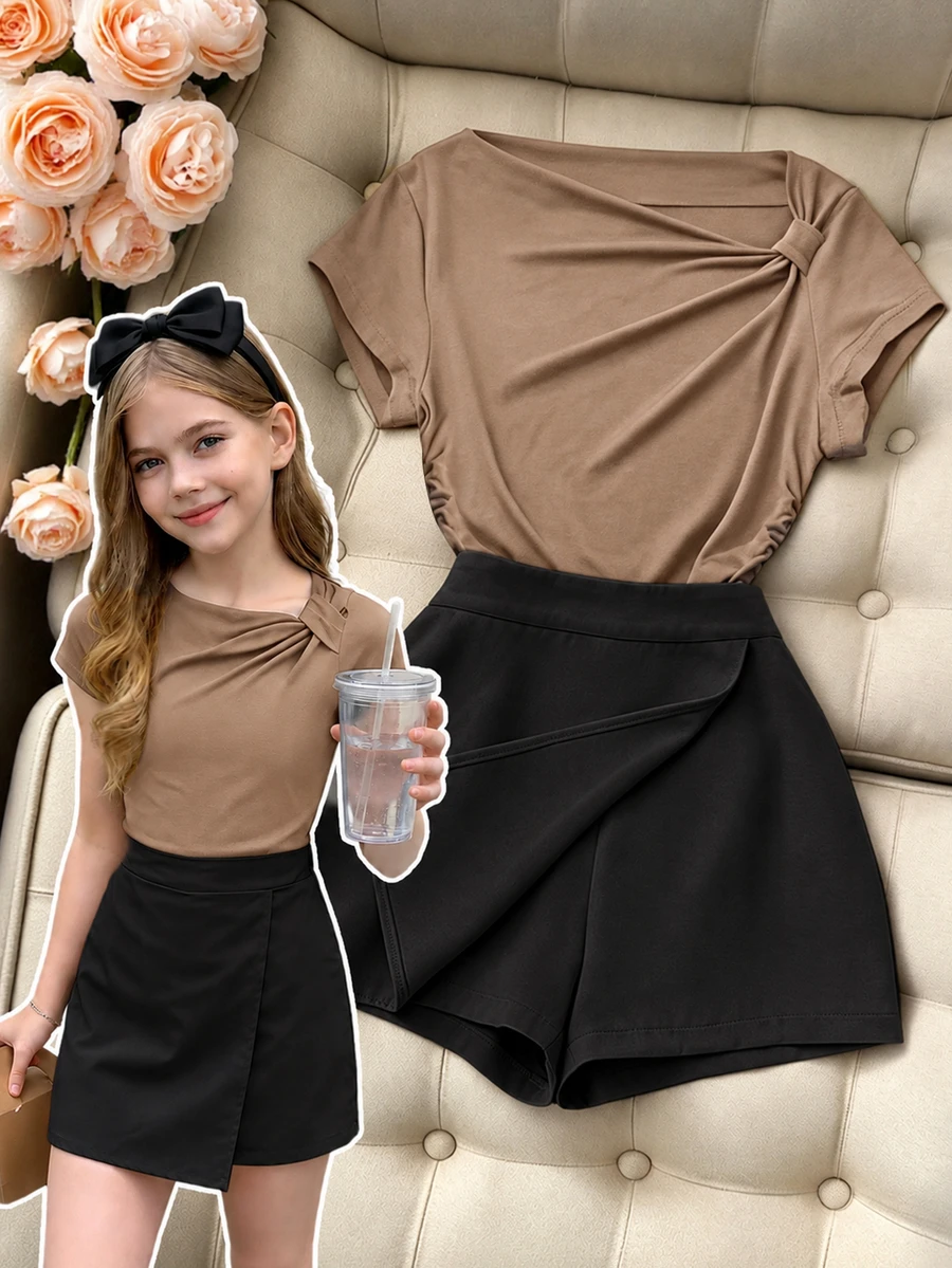 SHEIN Tween Girls 2pcs/Set Children's Korean Version Open Shoulder Short Sleeved Top With Front Slit High Back To School, Summer, Casual - Brown - View 1