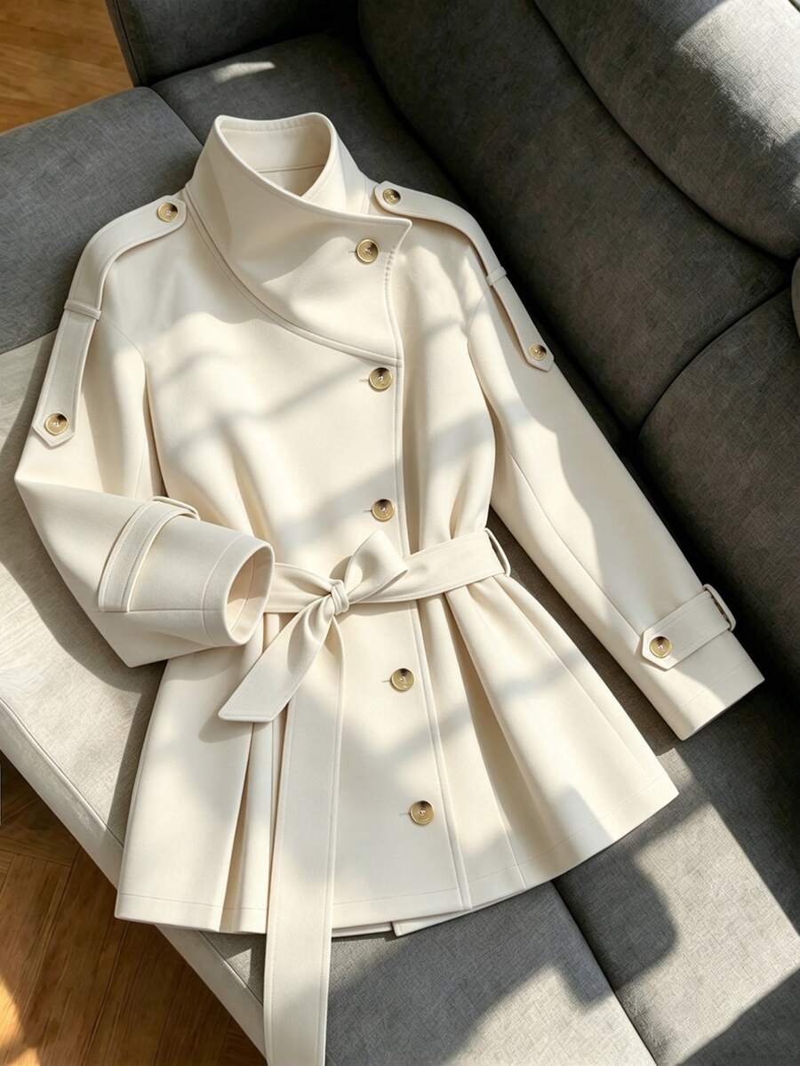 GlowEve Winter Women's Solid Color Long Sleeve Single-Breasted Waist Tie Casual Jacket - White - View 1
