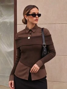 Selenza Women's Fashionable New Spring/Autumn Romantic Elegant Black Off-Shoulder Striped Patchwork Shirt, Fashionable Item - Brown - View 8