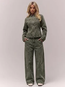 MUSERA 水洗漂白氣球版型牛仔褲下身單品 老錢風可愛鄉村小屋風 返校季休閒居家牛仔褲 時髦春夏款 - 卡其色 - 查看 1
