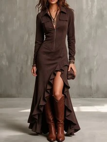 SHEIN Gaun Wanita Elegan Cokelat Suede Berkerah Lengan Panjang Resleting Depan Saku Palsu Belahan Berenda Asimetris Gaya Boho Vintage Musim Gugur Gaya Cowgirl Formal - Kopi - View 3