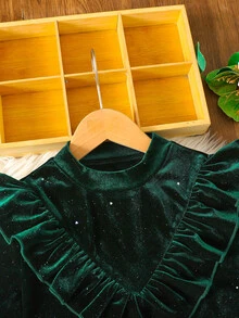 SHEIN Tween女孩秋冬休閒優雅綠色針織天鵝絨亮銀箔荷葉邊長袖收腰洋裝，復古洋裝，適合日常穿著、聖誕節、新年 - 綠色 - 查看 5