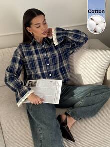 Serisse Women's Plaid Casual Versatile Daily Long Sleeve Shirt - Navy Blue - View 5