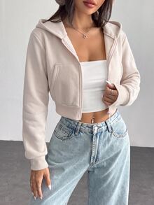 SHEIN PETITE 女款純色前拉鍊長袖口袋極簡連帽外套，休閒日常穿著，畢業季長袖上衣，秋冬返校穿搭，畢業季女裝，教師專業服飾，秋冬返校服飾 - 卡其色 - 查看 1