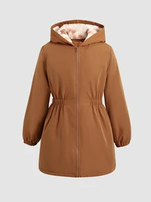SHEIN Tween女孩兒童冬季棕色花卉保暖內裡拉鍊連帽外套，彈性腰頭，加厚休閒通勤秋冬外套 - 棕色 - 查看 4
