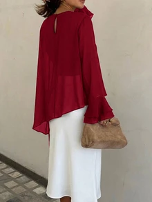 Siren Gaze 長袖圓領修身上衣，帶荷葉邊細節，休閒優雅風格，適合秋季冬季派對、工作、返校穿搭，聖誕紅 - 玫瑰紅 - 查看 9