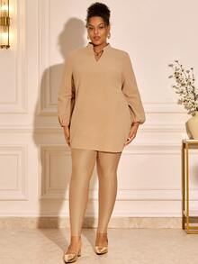 BrightlyHer Plus Size Women's Notched V-Neck Side Slit Hem Blouse And Leggings Solid Color 2 Pieces Set - Khaki - View 3