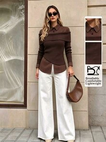 Selenza Women's Fashionable New Spring/Autumn Romantic Elegant Black Off-Shoulder Striped Patchwork Shirt, Fashionable Item - Brown - View 3