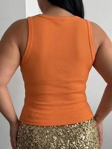 Livesso Plus Size Women's Autumn/Winter New Heavy Rhinestone Embellished Fitted Tank Top - Orange - View 4