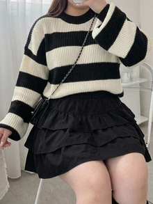 Dazy Plus Korean Style Loose Colorblock Patchwork Autumn/Winter New Casual Pullover Sweater - Black and White - View 4