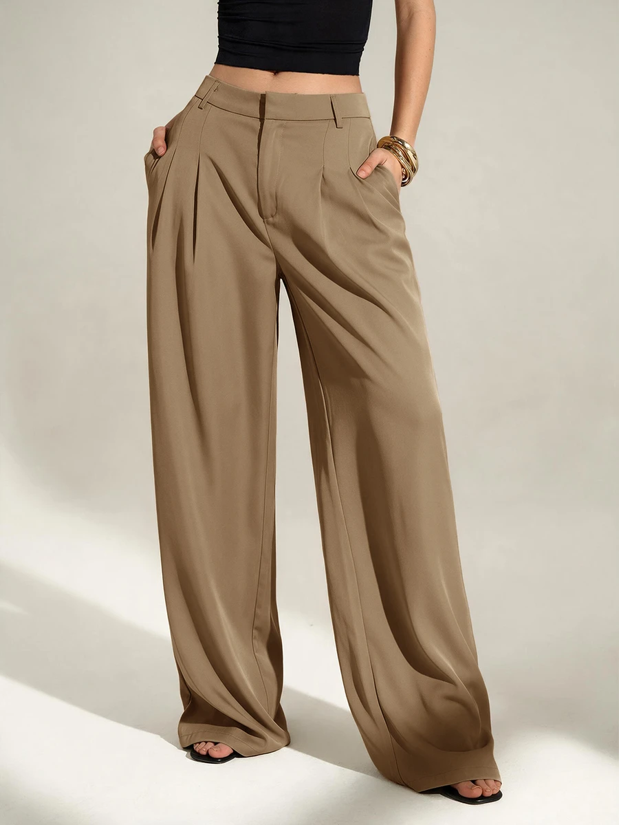SHEIN Tall 女款 Old Money 風格高腰百褶寬腿褲,黑色冬季端莊商務休閒辦公穿搭,優雅純色寬鬆修身西裝長褲 - 卡其色 - 查看 1