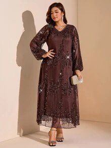 SHEIN LUNE Plus Size Women Solid Color Sequin V-Neck Lantern Sleeve Elegant Dress - Brown - View 4