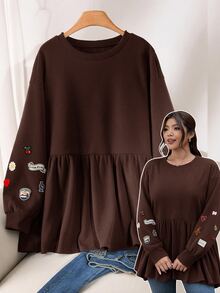 CosyJoli Plus Size Embroidered Fashion Ruffle Hem Crew Neck Sweatshirt Casual Cute Kawaii Back To School Sweatshirt For Women Autumn Daily Going Out Formal Party - Brown - View 4