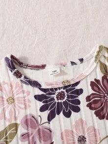 SHEIN Vintaside Kids 青少年女孩秋季套裝 3件/組 溫柔復古風，花卉長袖上衣、修身長褲，秋季返校穿搭 - 紫色 - 查看 4