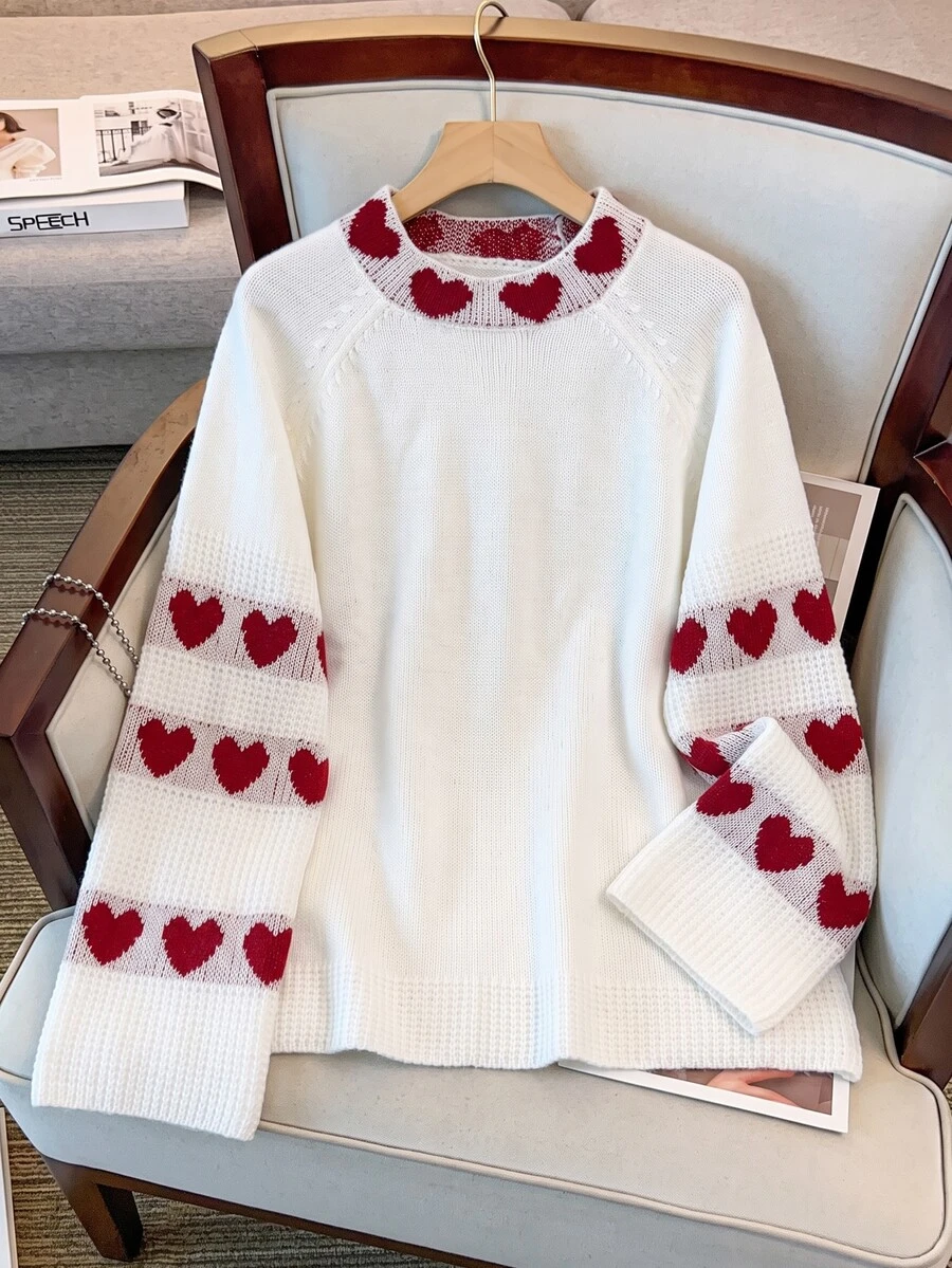GlowEve CURVE Autumn/Winter Plus Size Heart Contrast Color Straight Sleeve Crew Neck Loose Slouchy Versatile Pullover Knit Sweater - White - View 1