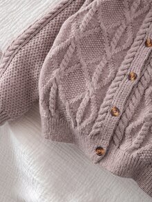 SHEIN 女童純色針織圓領花瓣袖休閒開襟外套 秋冬毛衣 - 卡其色 - 查看 8